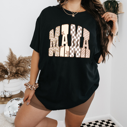 Tan leopard, checkered and star mama & aunt shirt