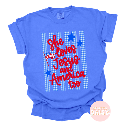 4th of July she loves Jesus and America too trendy comfort colors tee