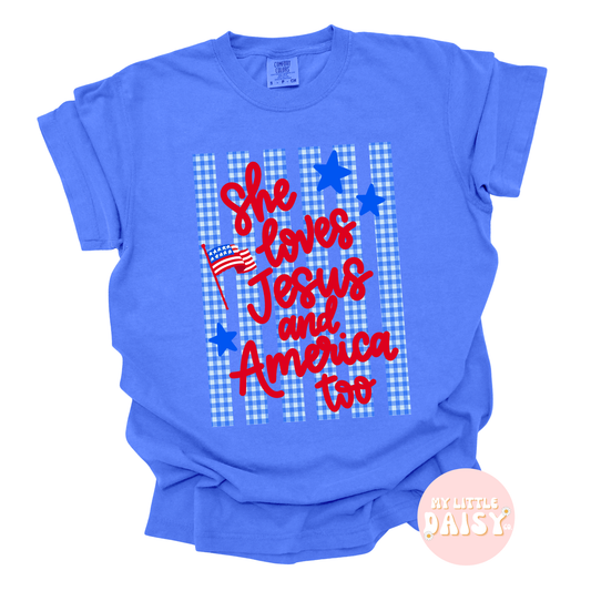 4th of July she loves Jesus and America too trendy comfort colors tee