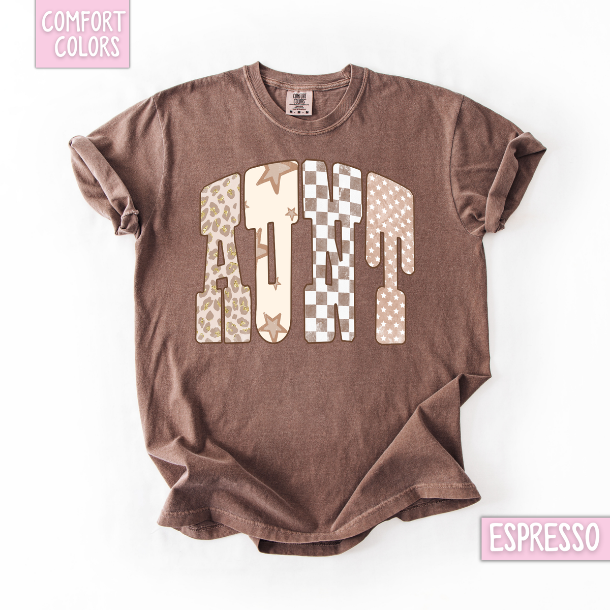 Tan leopard, checkered and star mama & aunt shirt