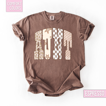 Tan leopard, checkered and star mama & aunt shirt