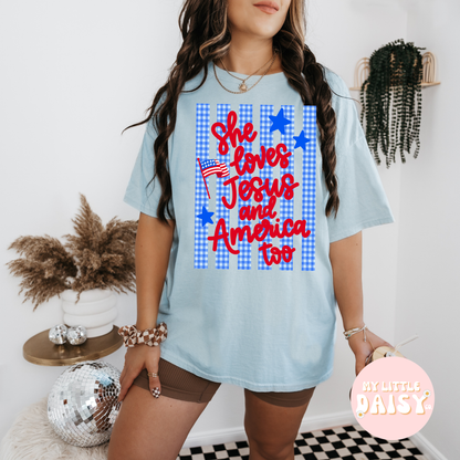 4th of July she loves Jesus and America too trendy comfort colors tee