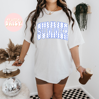 Blue polka dot summer, salty, sun shirt or beach comfort colors tee