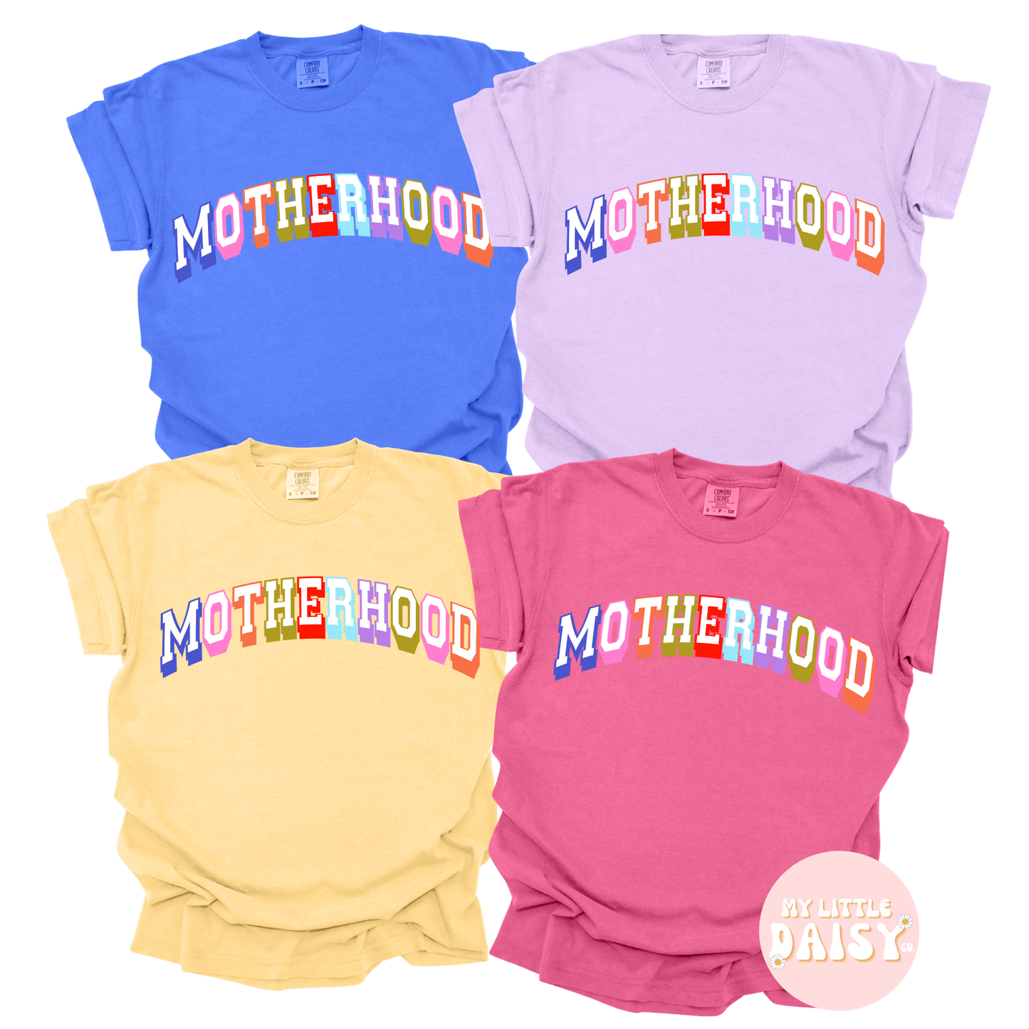 motherhood colorful letters trendy comfort colors tee