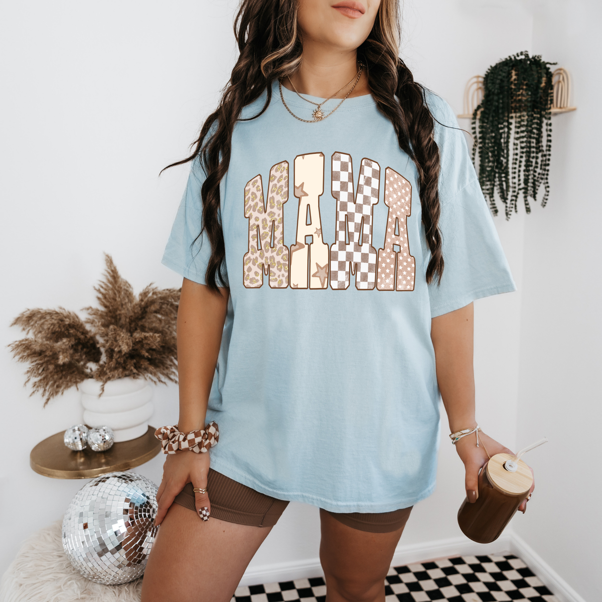 Tan leopard, checkered and star mama & aunt shirt