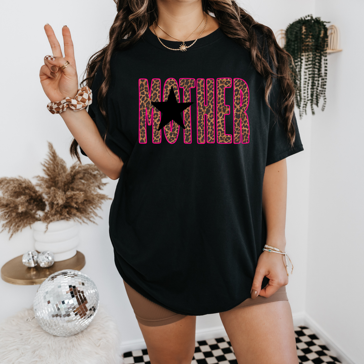 Edgy pink leopard mother star shirt